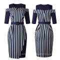 Big Size Formal Striped Patchwork Slim Off Shoulder Lady Career Dress